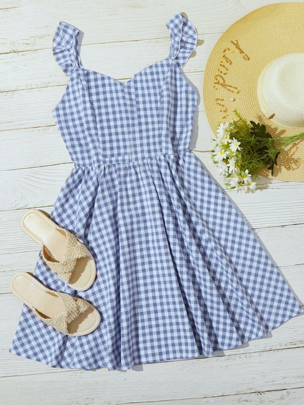 SHEIN Curve 2X Blue White Gingham Ruffle Strap Fit & Flare Dress - Shirred Back